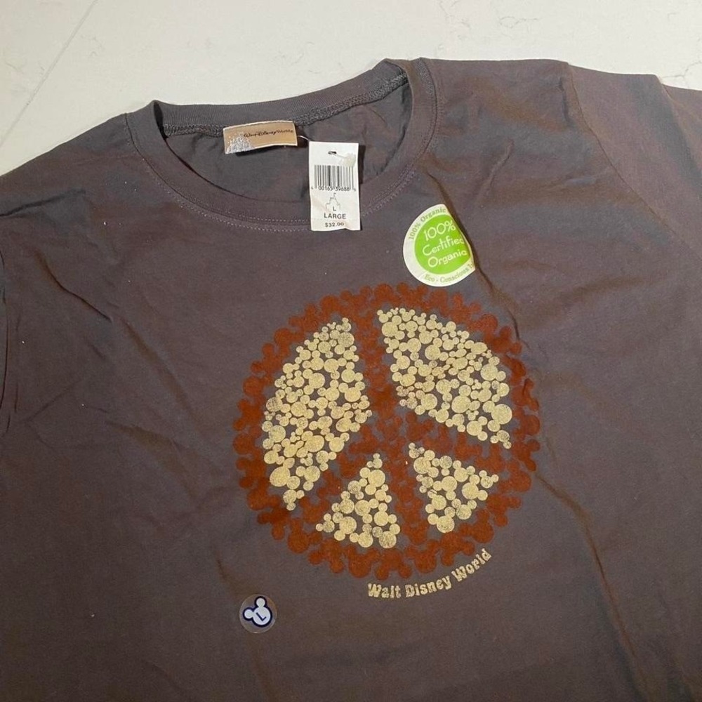 NWT Disney‎ World Peace Sign Graphic T-Shirt Large Organic Cotton Brown